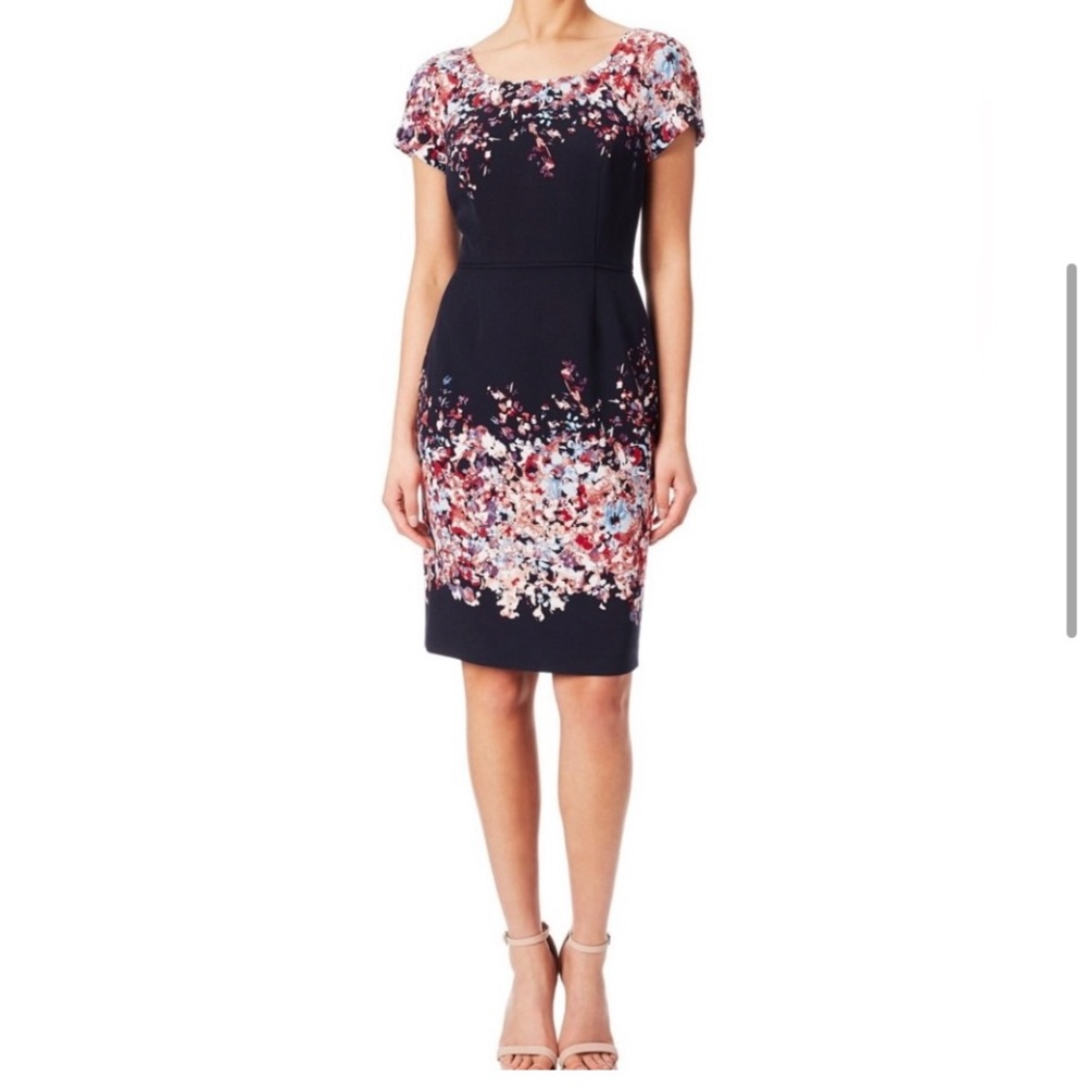 NWT Adrianna Papell navy blue dress with pink red flowers top & bottom size 6